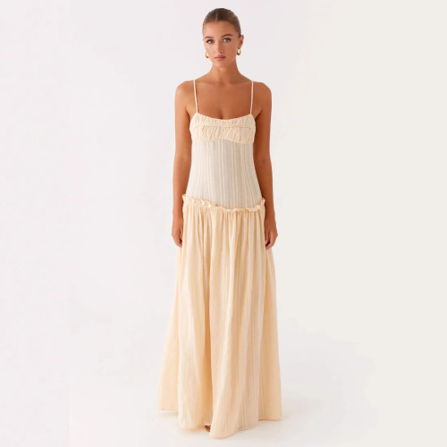 Elegant Ruched Ruffle Strap Maxi Dress