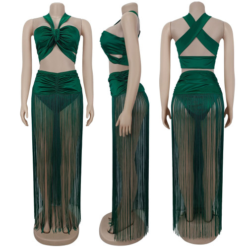Chic Two-Piece Set: Sexy Strappy Top & Fringe Maxi Skirt