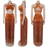 Chic Two-Piece Set: Sexy Strappy Top & Fringe Maxi Skirt