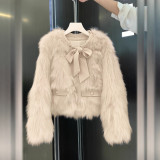 Bow-Tie Fringed Faux Fur Jacket