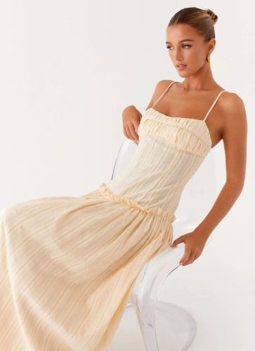 Elegant Ruched Ruffle Strap Maxi Dress