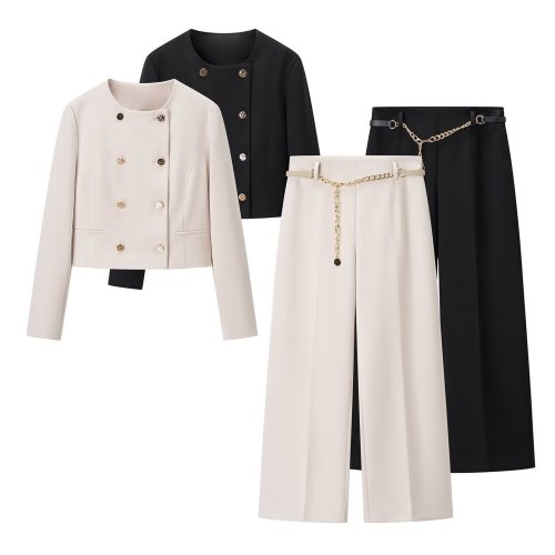 Cropped Double-Breasted Blazer & Chain Belt Ankle Pants Se