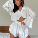 Double Layer Ruffled Casual Satin-Look Pajama Set