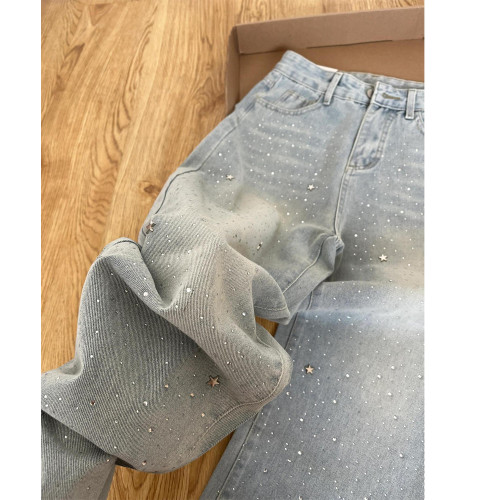 Light Blue Rhinestone-Embellished Straight-Leg Denim Pant