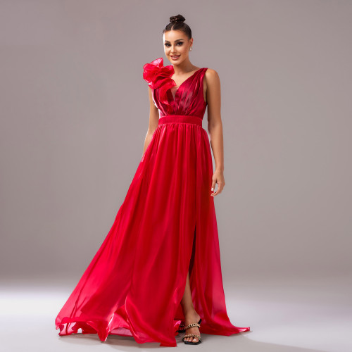 Red Sleeveless V-Neck Slim Fit Mermaid Evening Dress with Split