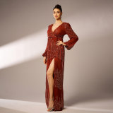 Chic Long Sleeve V-Neck Sequin Evening Dress