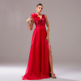 Red Sleeveless V-Neck Slim Fit Mermaid Evening Dress with Split