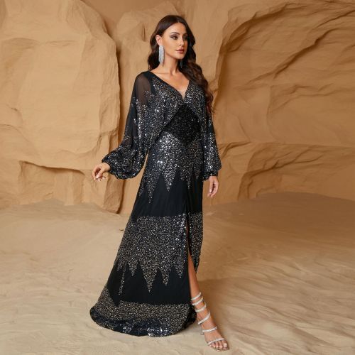 Long Sleeve Sequin Chiffon V-Neck Split Waist Dress for Women
