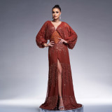 Long Sleeve Sequin Chiffon V-Neck Split Waist Dress for Women
