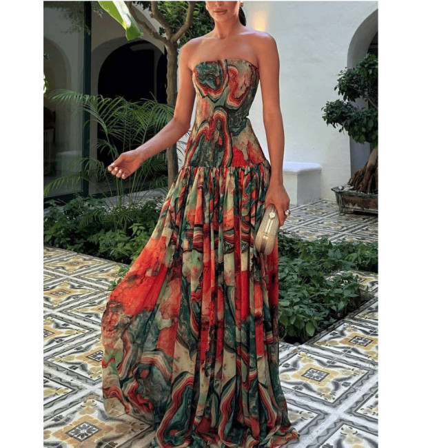 Floral Print Strapless Ruched Bodice A-Line Maxi Dress