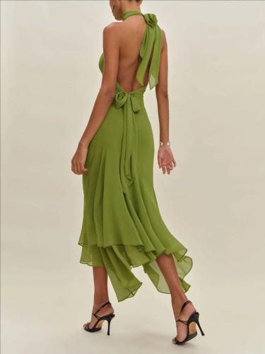 Backless Solid Color Ruffle Hem Slim Fit Maxi Dress