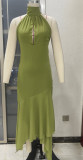 Backless Solid Color Ruffle Hem Slim Fit Maxi Dress