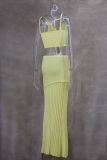 V-Neck Spaghetti Strap Bodycon Pleated Maxi Skirt Set