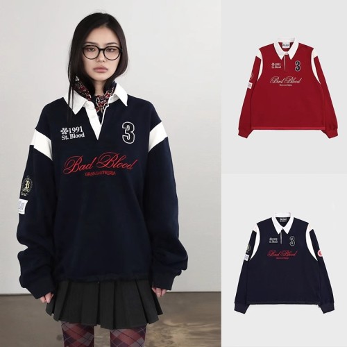 Loose Fit Embroidered Polo Neck Sweatshirt