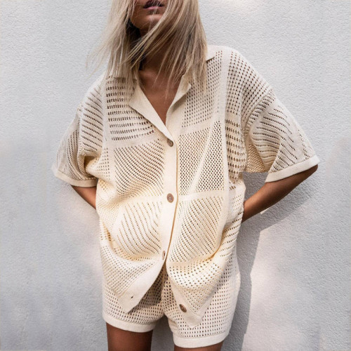 Casual V-Neck Hollow Out Short Sleeve Set -
