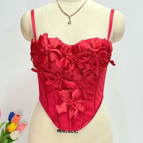 3D Floral Appliqué Slim Fit Pure Seduction Fishbone Corset Camisole Top