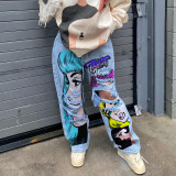 Vintage Wash High-Waisted Wide-Leg Jeans with Unique Print and Distressed