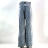 Vintage Wash High-Waisted Wide-Leg Jeans with Unique Print and Distressed