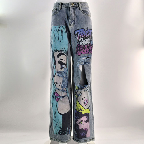 Vintage Wash High-Waisted Wide-Leg Jeans with Unique Print and Distressed
