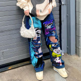 Vintage Wash High-Waisted Wide-Leg Jeans with Unique Print and Distressed