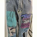 Vintage Wash High-Waisted Wide-Leg Jeans with Unique Print and Distressed