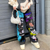 Vintage Wash High-Waisted Wide-Leg Jeans with Unique Print and Distressed