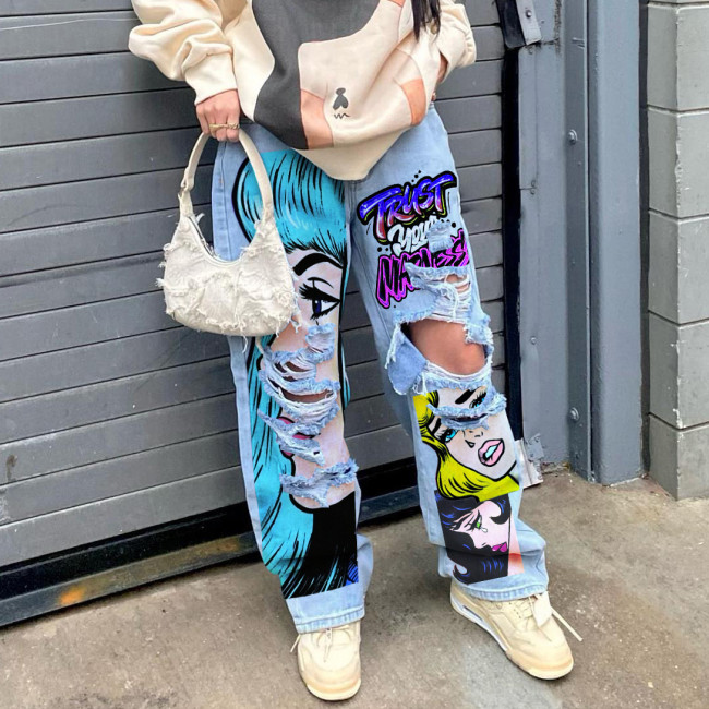 Vintage Wash High-Waisted Wide-Leg Jeans with Unique Print and Distressed