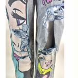 Vintage Wash High-Waisted Wide-Leg Jeans with Unique Print and Distressed