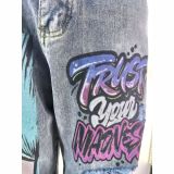 Vintage Wash High-Waisted Wide-Leg Jeans with Unique Print and Distressed