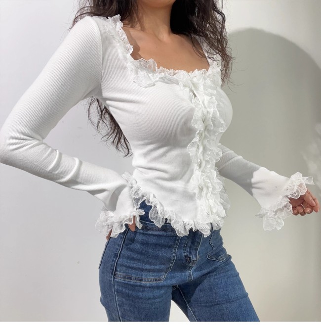 U-Neck Fleece Lace Trim Flared Sleeve Knit Top