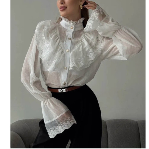 Stand Collar Chiffon Ruffled Shirt