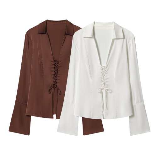 Stylish Satin Tie-Front Flare Shirt