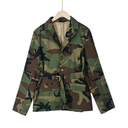 Unique Camouflage Belted Shirt Collar Jacket