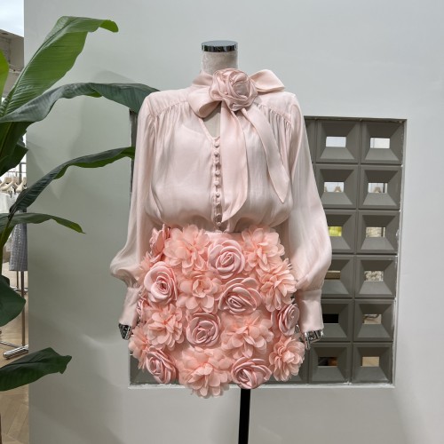 Flowing Ribbon Loose Color Block Skirt with Handmade 3D Flowers