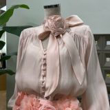 Flowing Ribbon Loose Color Block Skirt with Handmade 3D Flowers