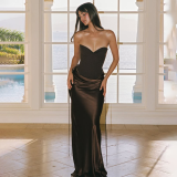 Elegant Solid Color Bodycon Strapless Dress with Flowing Long Skirt Two-Piece Set