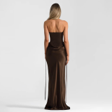 Elegant Solid Color Bodycon Strapless Dress with Flowing Long Skirt Two-Piece Set