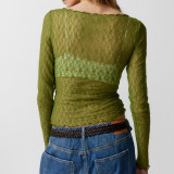 Sexy Sheer Lace Mesh T-Shirt with Wave Hem