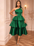 One-Shoulder Hollow Out Satin Dress with Ruffle Hem and A-Line Layered Tie