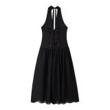 Chic Halter Neck Deep V-Cut Backless Dress with Waist Tie