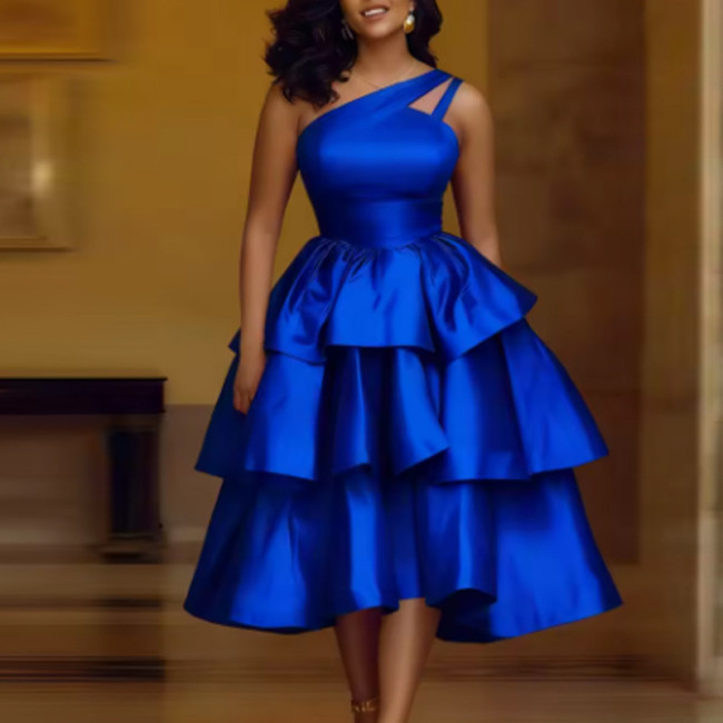 One-Shoulder Hollow Out Satin Dress with Ruffle Hem and A-Line Layered Tie
