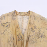 Chic Vintage Lantern Sleeve Deep V-Neck Printed Top