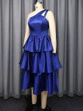 One-Shoulder Hollow Out Satin Dress with Ruffle Hem and A-Line Layered Tie