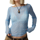 Sexy Sheer Lace Mesh T-Shirt with Wave Hem