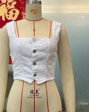 Solid Color Button-Up Denim Crop Tank Top