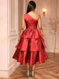 One-Shoulder Hollow Out Satin Dress with Ruffle Hem and A-Line Layered Tie