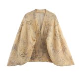 Chic Vintage Lantern Sleeve Deep V-Neck Printed Top