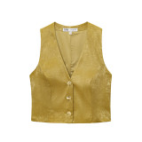 Elegant Satin Top with Gold Button Accents & Wide-Leg Pants