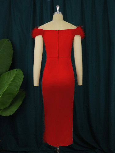 Red Satin Feather Sexy Split Bodycon Dress