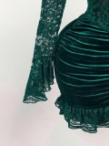 Elegant Long Sleeve Lace-Trimmed Solid Color Pleated Deep V Bodycon Mini Dress
